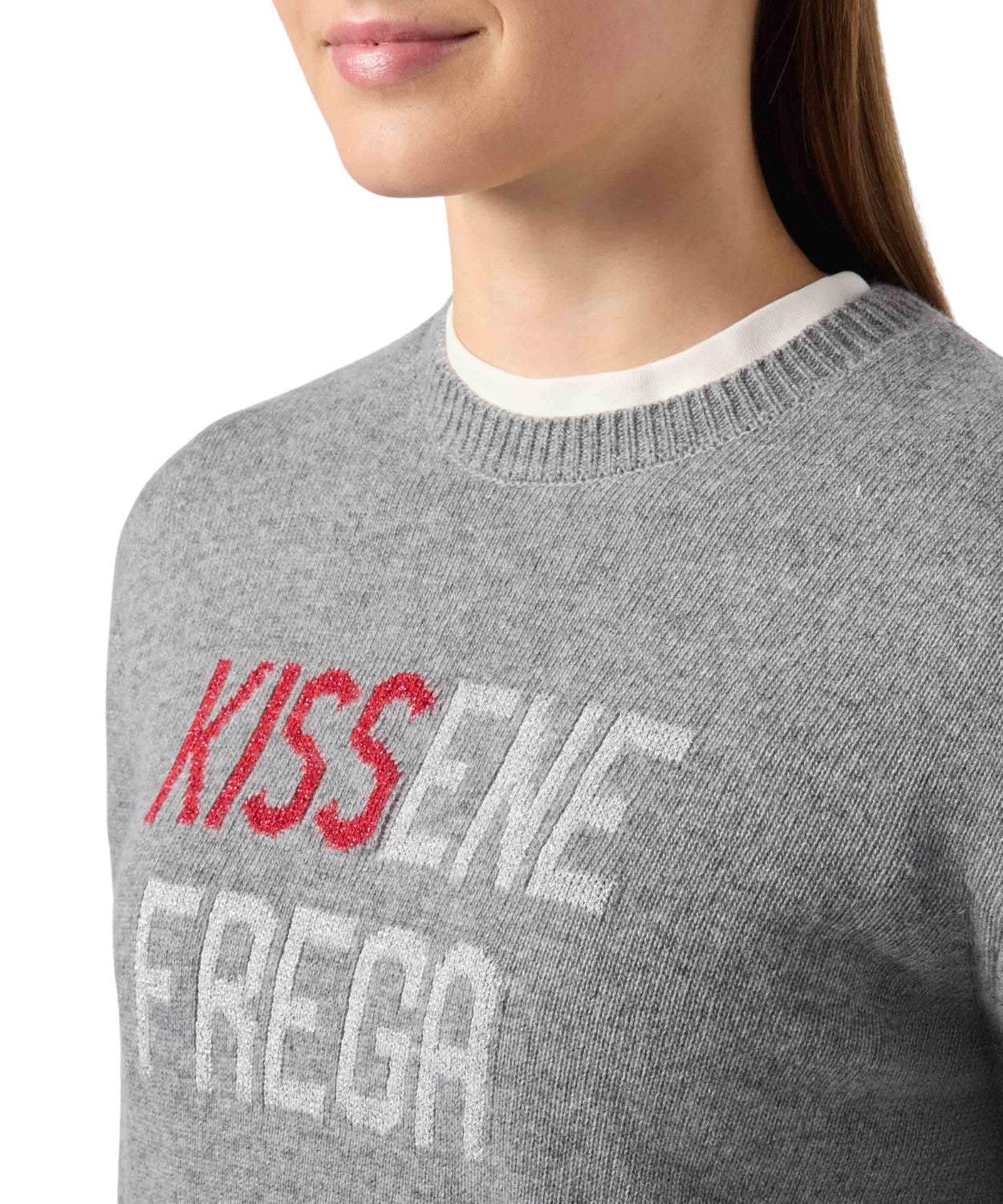 Maglione New Queen in misto cashmere grigio con jacquard lurex “Kissenefrega”-Mc2 Saint Barth-Maglieria-Vittorio Citro Boutique