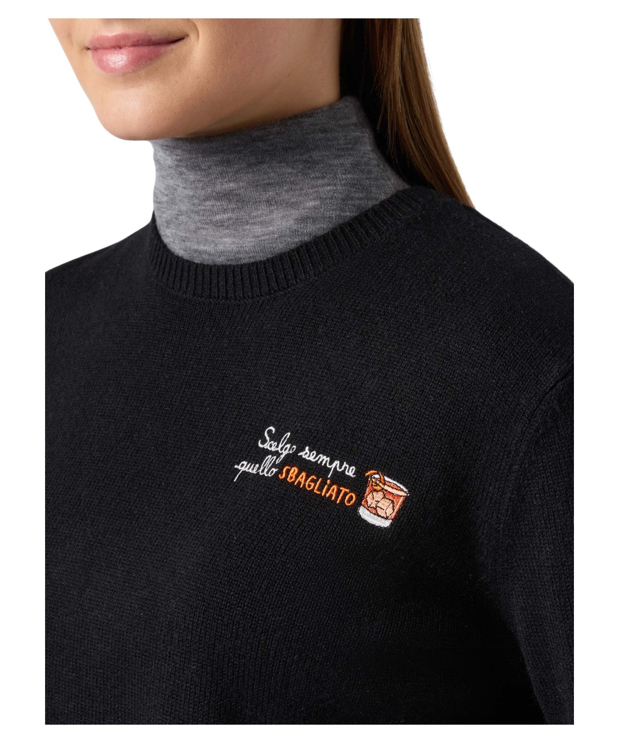 Maglione New Queen in misto cashmere nero con ricamo “Scelgo sempre quello sbagliato”-Mc2 Saint Barth-Maglieria-Vittorio Citro Boutique