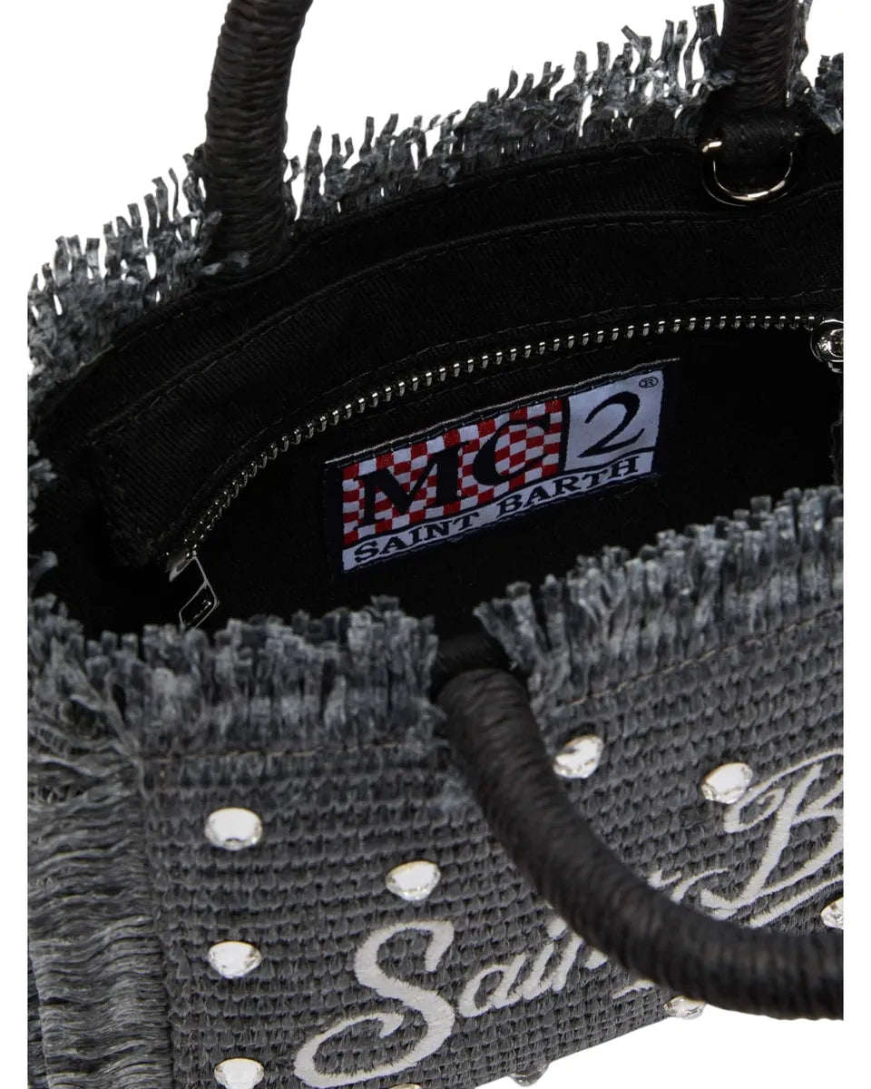 Borsa Mini Vanity effetto paglia nera con strass e logo ricamato-Mc2 Saint Barth-Borse a mano-Vittorio Citro Boutique