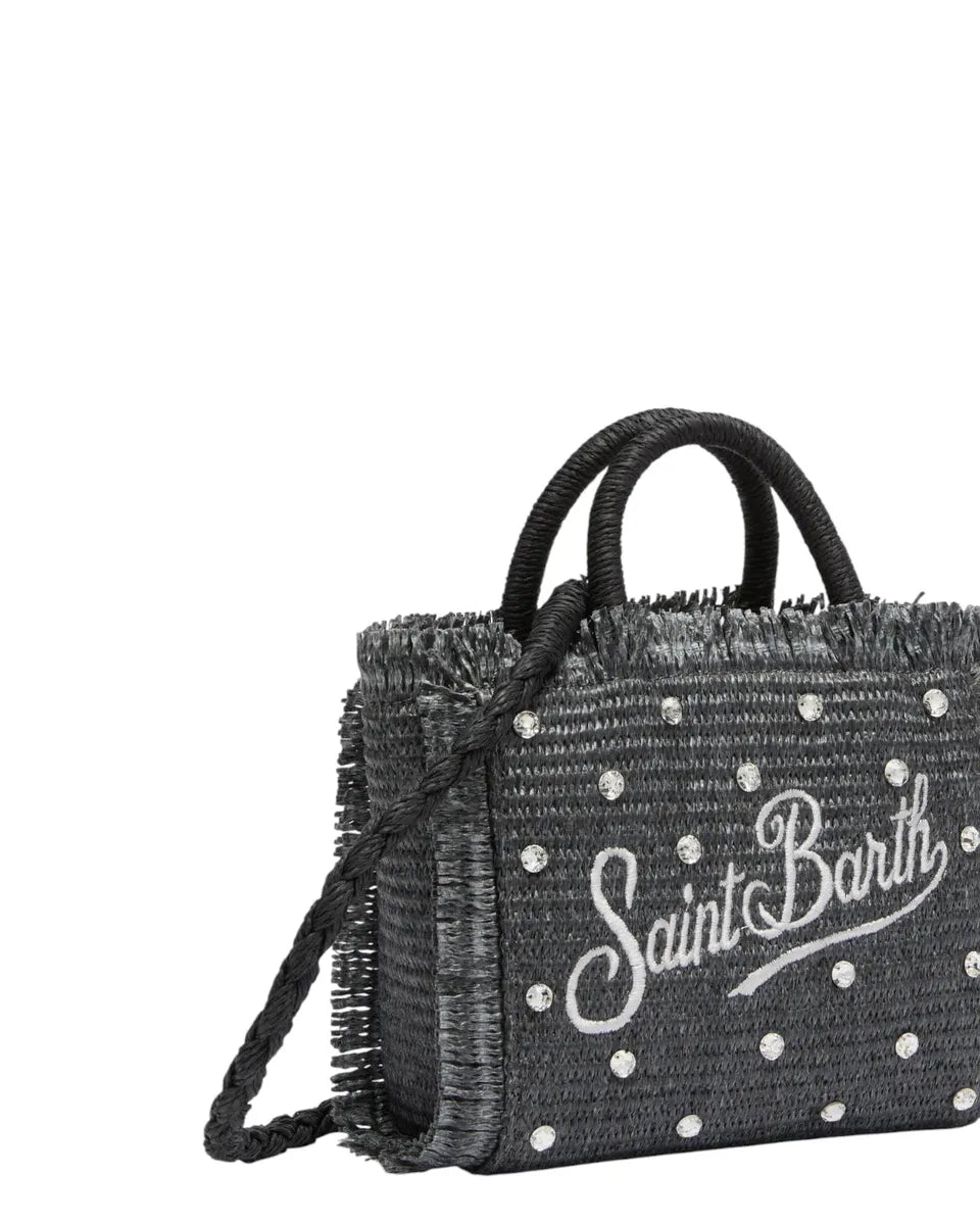 Borsa Mini Vanity effetto paglia nera con strass e logo ricamato-Mc2 Saint Barth-Borse a mano-Vittorio Citro Boutique