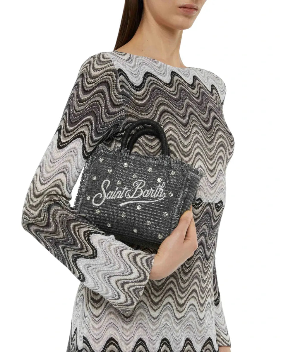 Borsa Mini Vanity effetto paglia nera con strass e logo ricamato-Mc2 Saint Barth-Borse a mano-Vittorio Citro Boutique