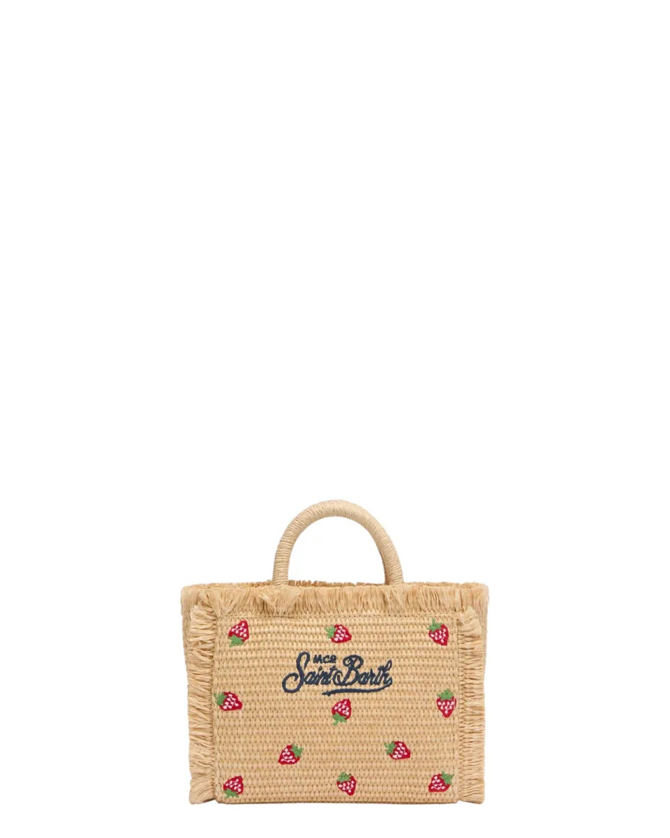 Borsa Mini Vanity effetto paglia con patch fragole e logo ricamato-Mc2 Saint Barth-Borse a mano-Vittorio Citro Boutique