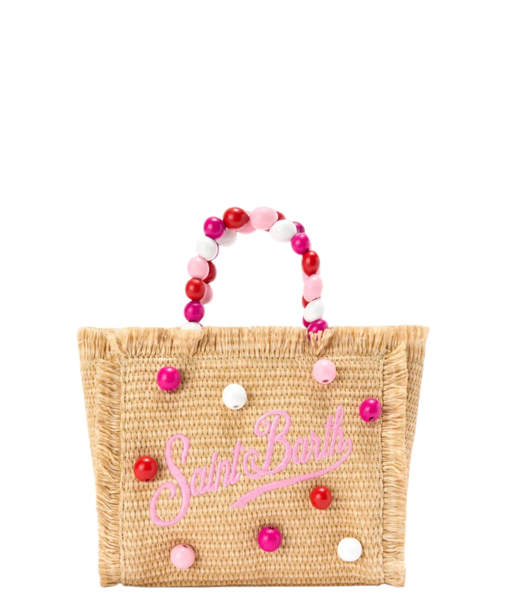 Sac Vanity Mini en raphia avec perles et bandoulière amovible