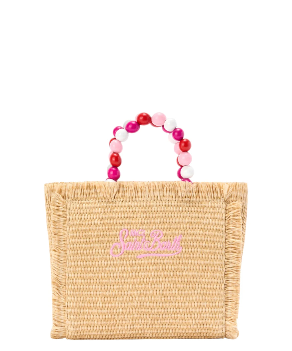 Sac Vanity Mini en raphia avec perles et bandoulière amovible