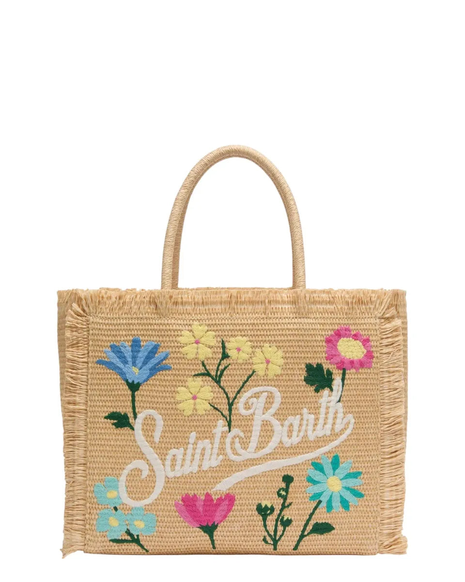 Borsa a Spalla Vanity in Paglia Beige con Fiori Applicati e Ricamo Saint Barth-Mc2 Saint Barth-Borse a spalla-Vittorio Citro Boutique
