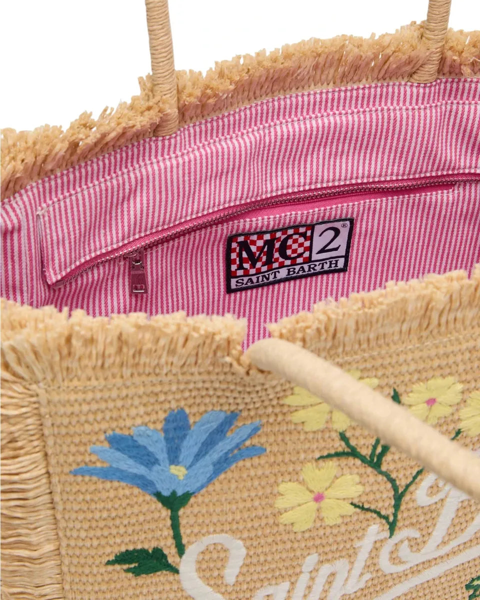 Borsa a Spalla Vanity in Paglia Beige con Fiori Applicati e Ricamo Saint Barth-Mc2 Saint Barth-Borse a spalla-Vittorio Citro Boutique