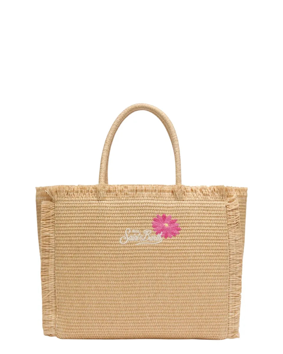 Borsa a Spalla Vanity in Paglia Beige con Fiori Applicati e Ricamo Saint Barth-Mc2 Saint Barth-Borse a spalla-Vittorio Citro Boutique