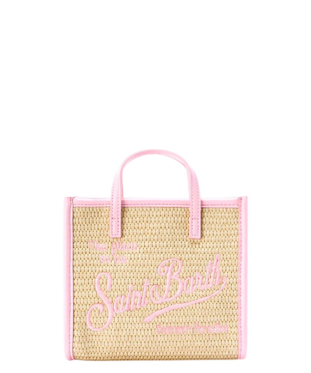 Mini sac effet paille beige avec logo brodé