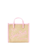 Mini sac effet paille beige avec logo brodé