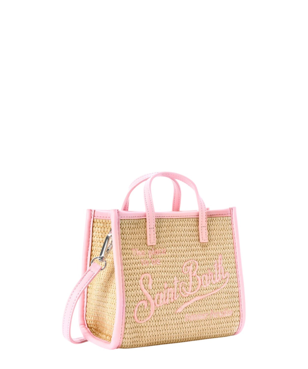 Mini sac effet paille beige avec logo brodé