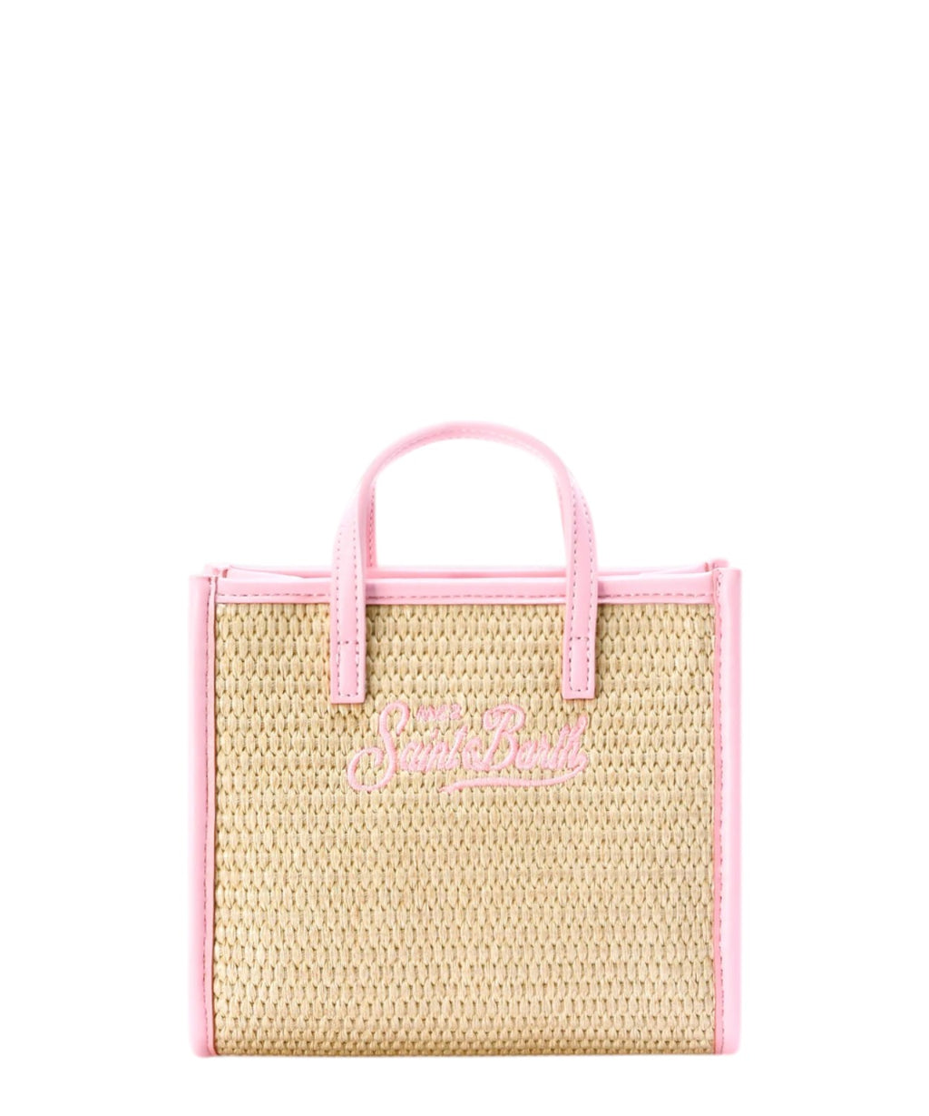 Mini sac effet paille beige avec logo brodé