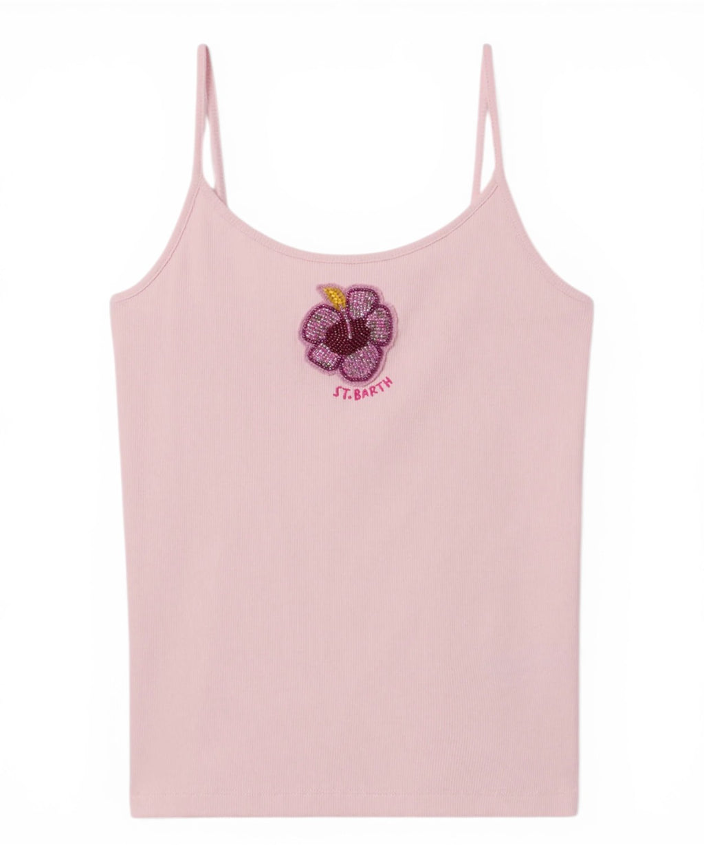 Débardeur Zaira côtelé avec patch floral orné de perles