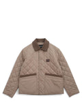 Blouson in nylon matelassé beige con motivo a rombi, collo in flanella marrone e patch logo sul petto. Design maschile ideale per l'inverno.