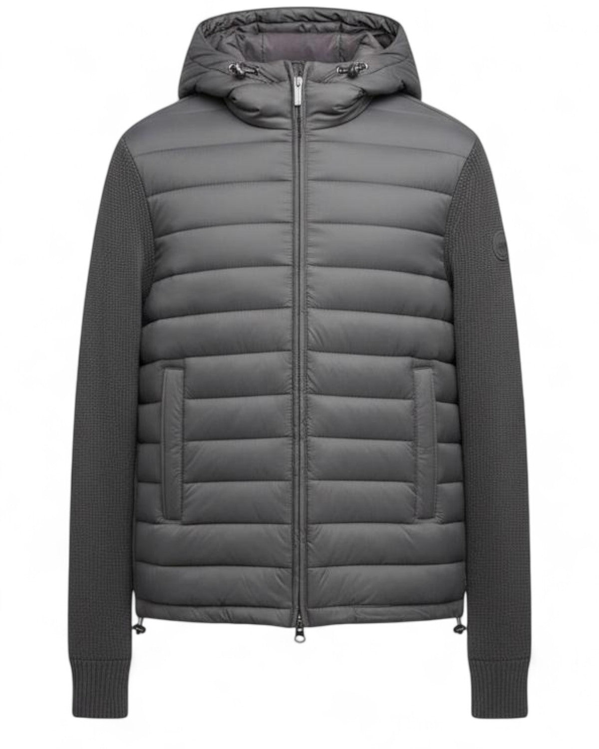 Giacca Colmar Originals con cappuccio e maniche in maglia grigia, stile piumino, ideale per l'inverno e la mezza stagione.