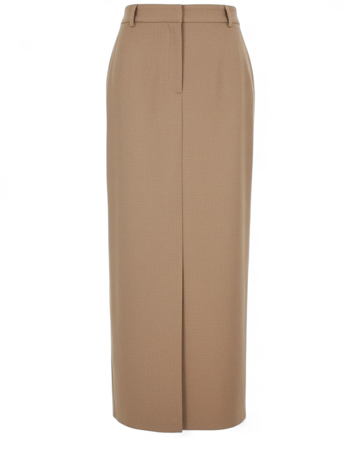 Gonna Doppia Twinset color cammello con spacco frontale e vita alta, stile elegante e moderno per look femminili FW26.