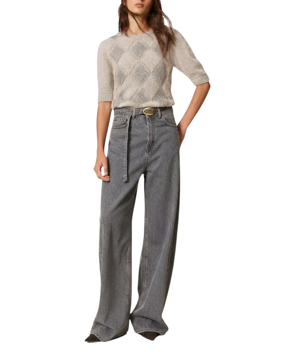 Jeans Twinset gris taille haute à jambe large avec ceinture