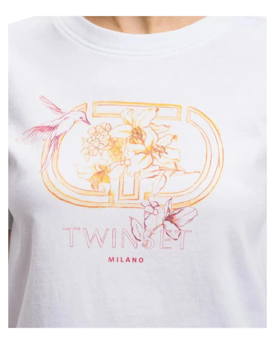 T-shirt bianca in cotone con stampa illustrata-Twinset-T-shirt-Vittorio Citro Boutique
