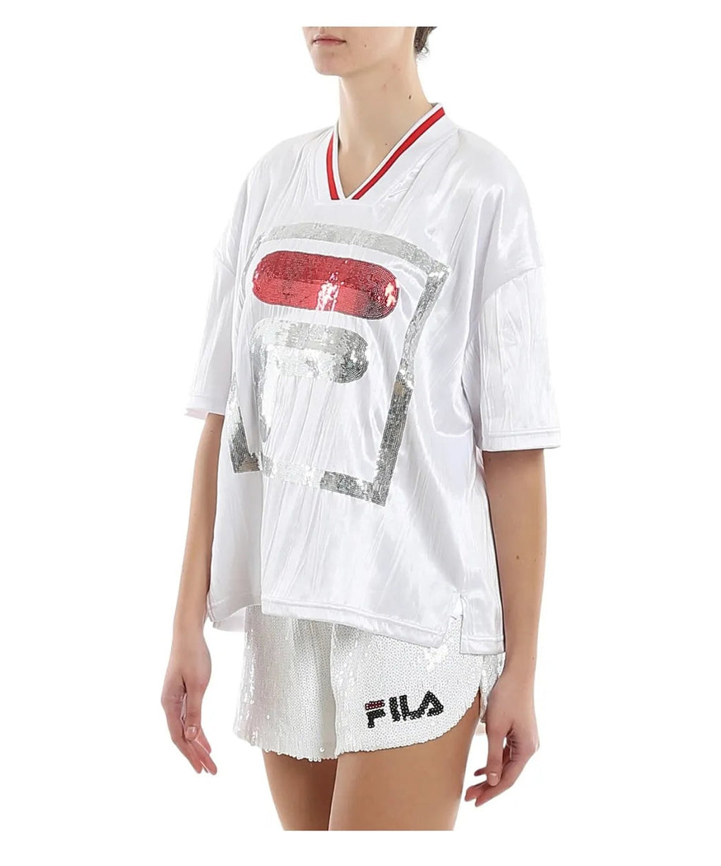 T-shirt Fila Miu Crimped Bianca con Maxi Logo in Paillettes 4