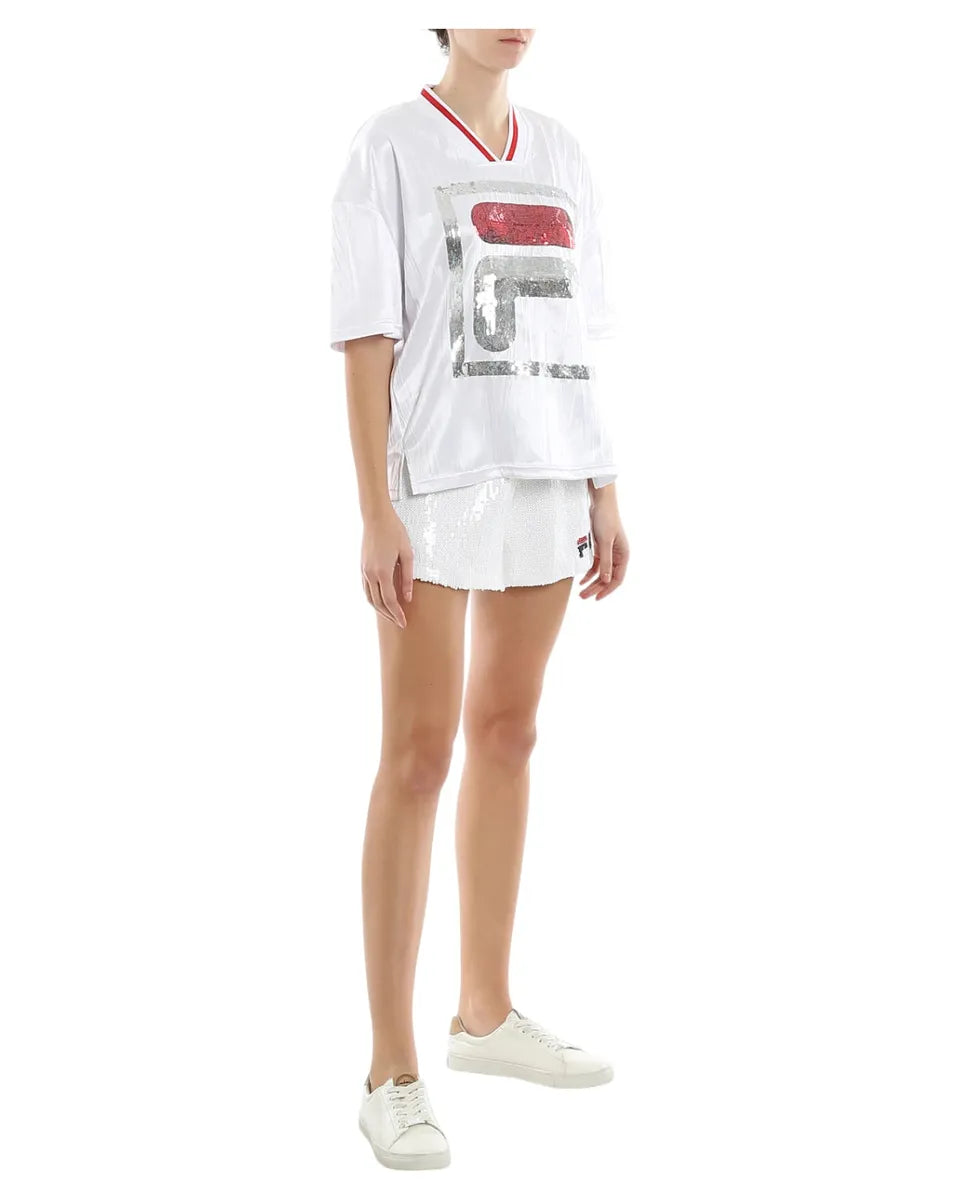 T-shirt Fila Miu Crimped Bianca con Maxi Logo in Paillettes-T-shirt-Fila-Vittorio Citro Boutique