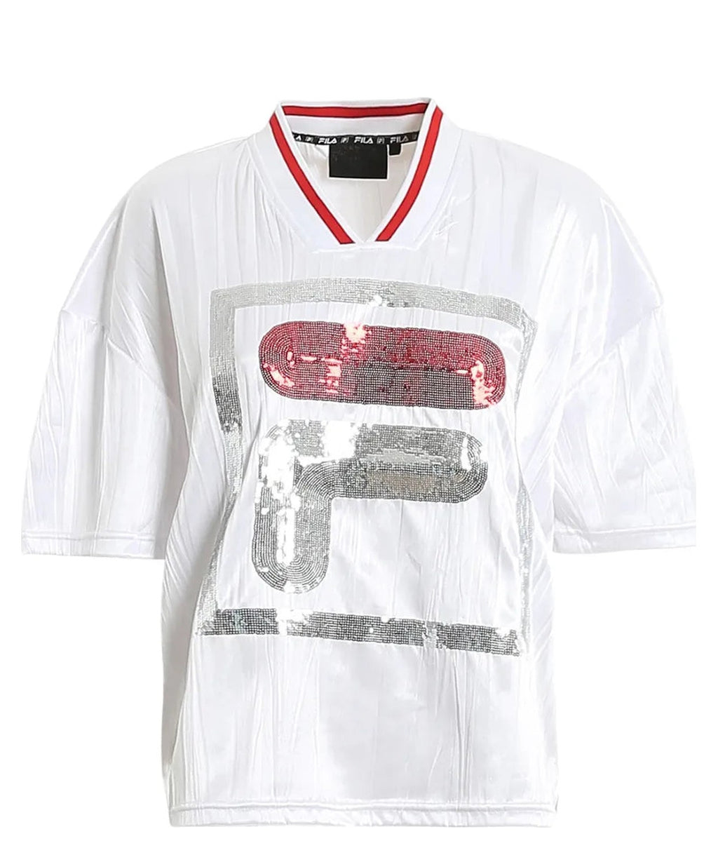 T-shirt Fila Miu Crimped Bianca con Maxi Logo in Paillettes 1