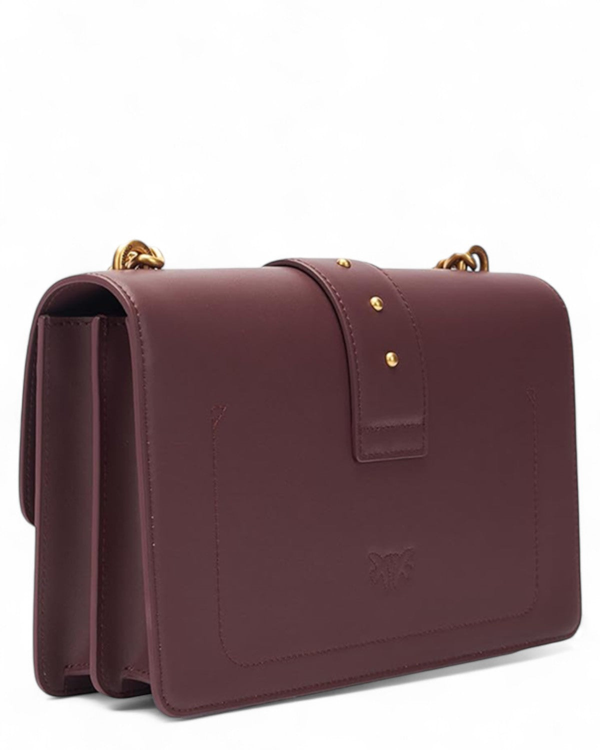 Retro della Love Bag Simply PINKO in pelle bordeaux con doppio scomparto e dettagli raffinati, perfetta per look invernali da donna.