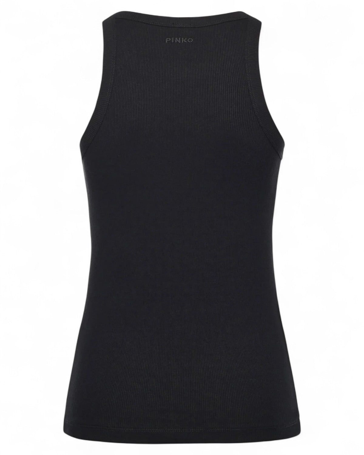 Retro del Top Annita Pinko in maglia nera, design semplice e aderente senza strass. Capo versatile per abbinamenti eleganti o casual.