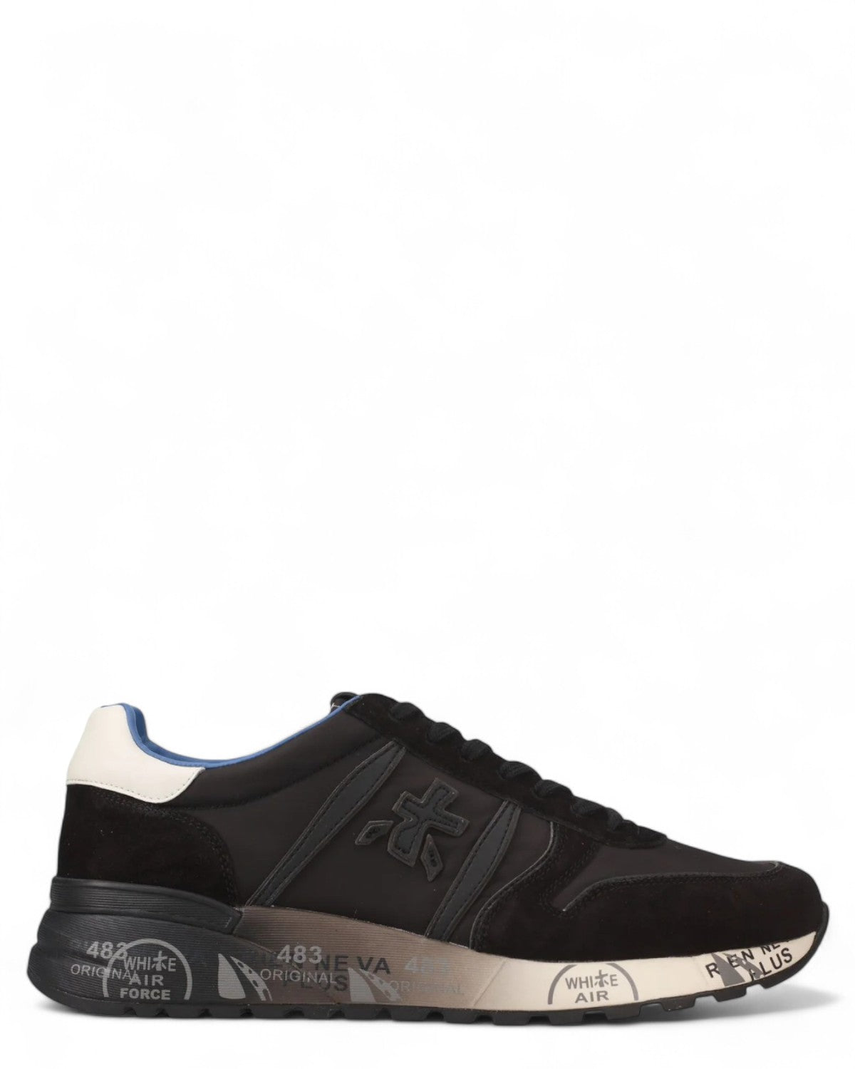 Sneakers Uomo Lander 7079 di Premiata in pelle scamosciata e nylon nero, profilo laterale con suola stampata e tallone bianco a contrasto.