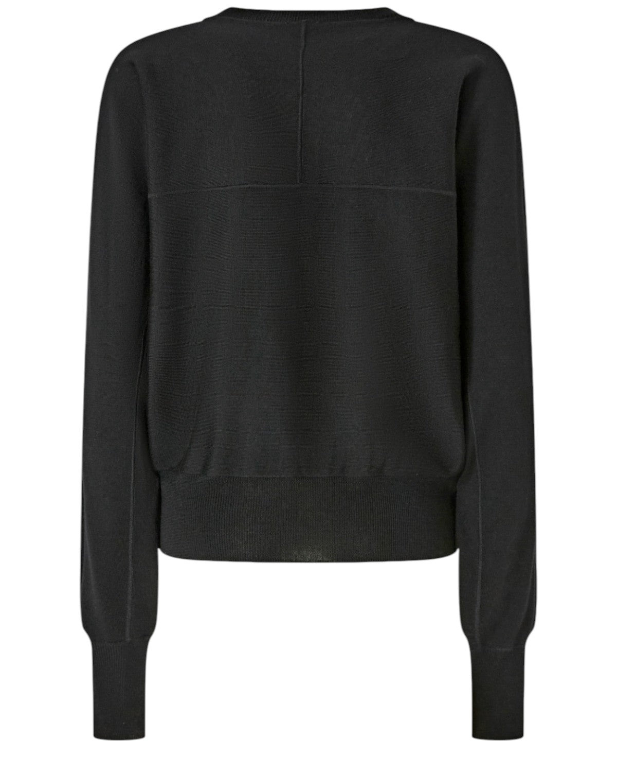 Retro della maglia Pinko in lana merino nera, design minimal con cuciture tono su tono e bordo a costine, ideale per outfit sofisticati.