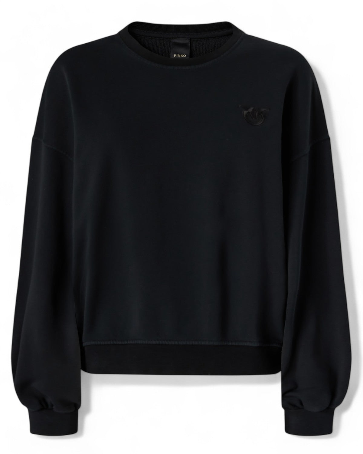 Felpa Pinko cotone nera con ricamo Love Birds tono su tono sul petto. Maglieria donna casual chic FW26, ideale per look invernali.