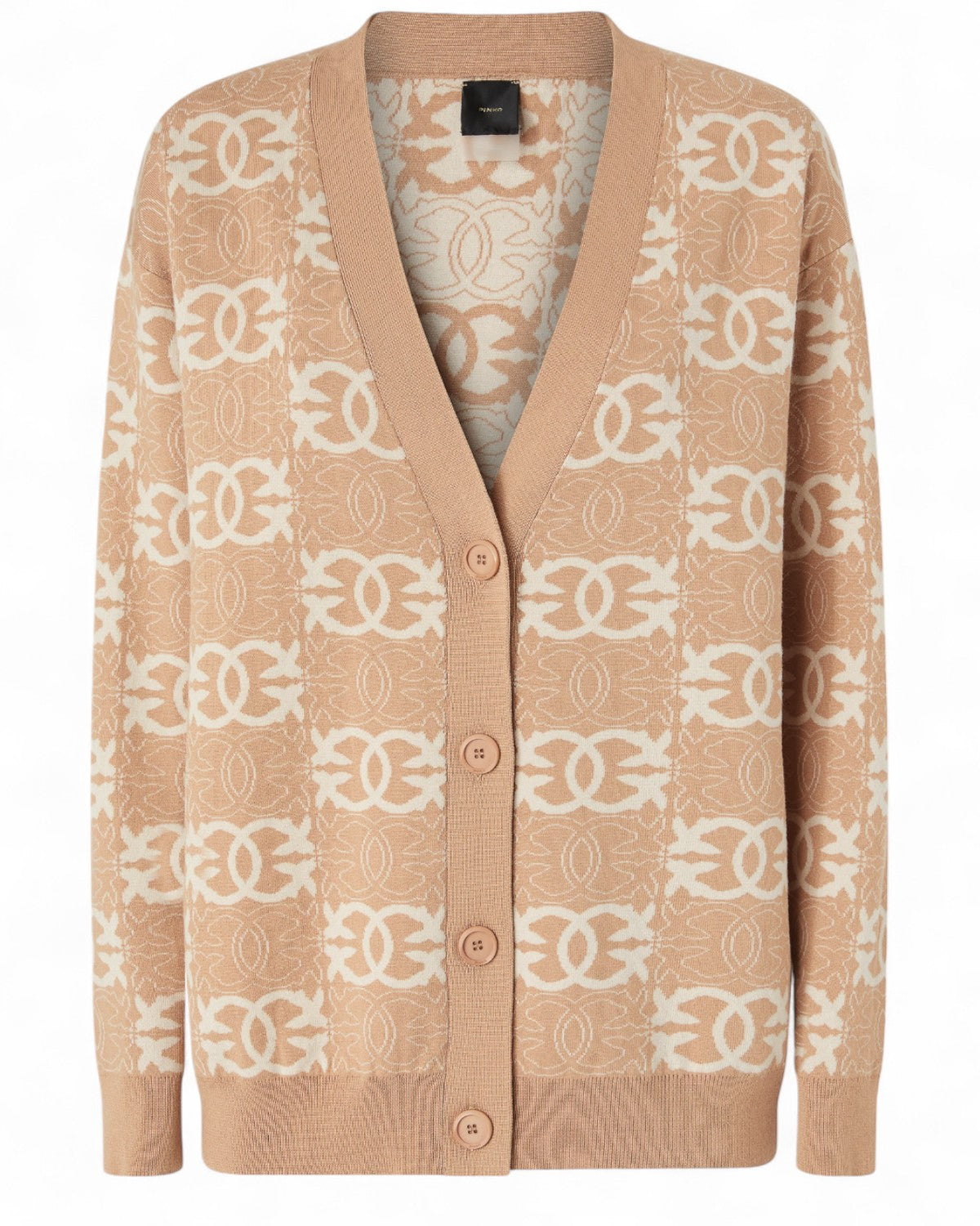 Cardigan oversize Pinko donna beige con logo Love Birds jacquard, chiusura a bottoni e lavorazione anti-pilling, vista frontale su sfondo neutro.