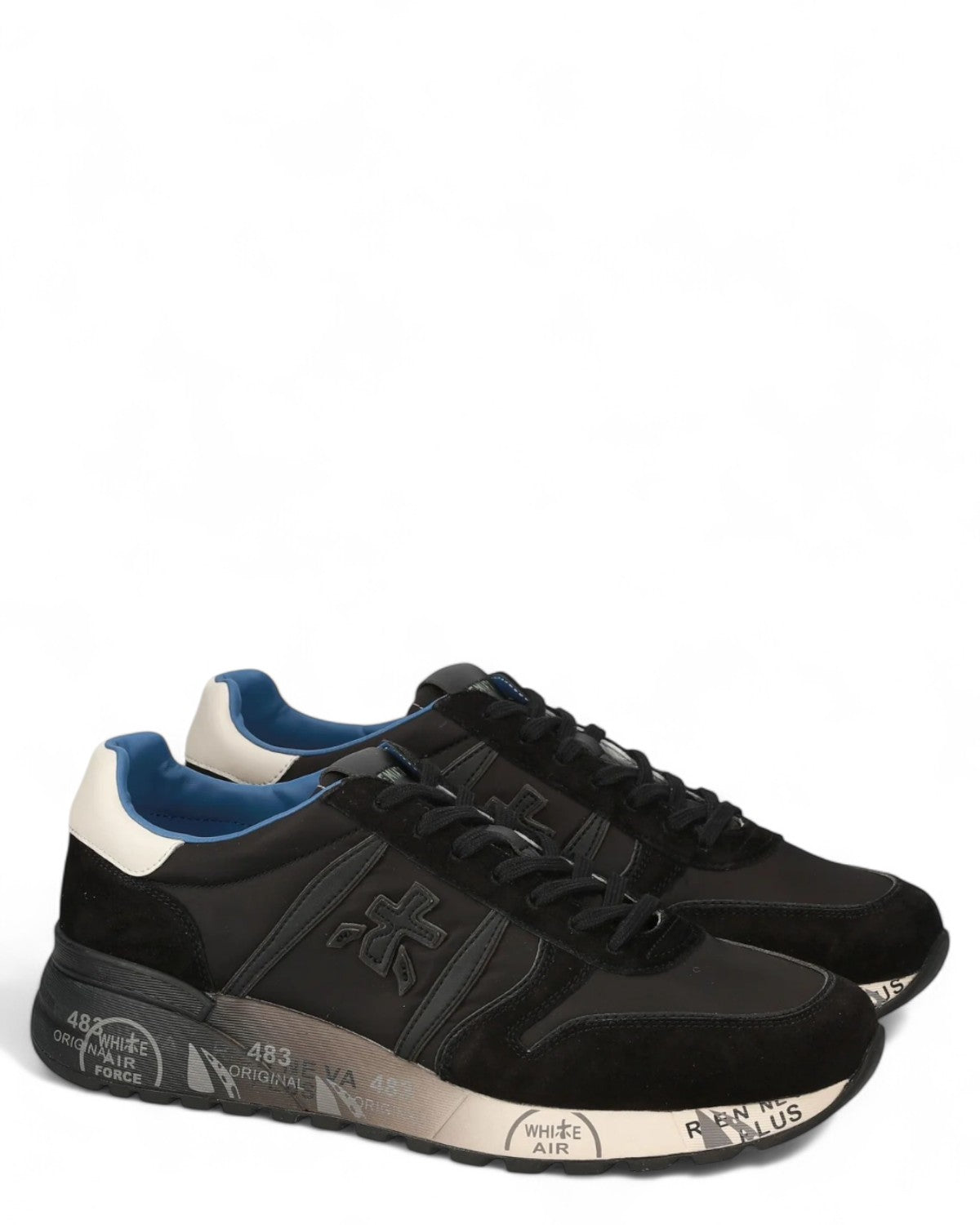 Sneakers uomo Lander 7079 Premiata in pelle scamosciata e nylon, vista frontale angolata con doppia scarpa e suola grafica.