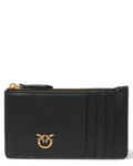 Porta carte Pinko donna in pelle nera con zip dorata e logo Love Birds, design compatto ed elegante per l'inverno FW26.