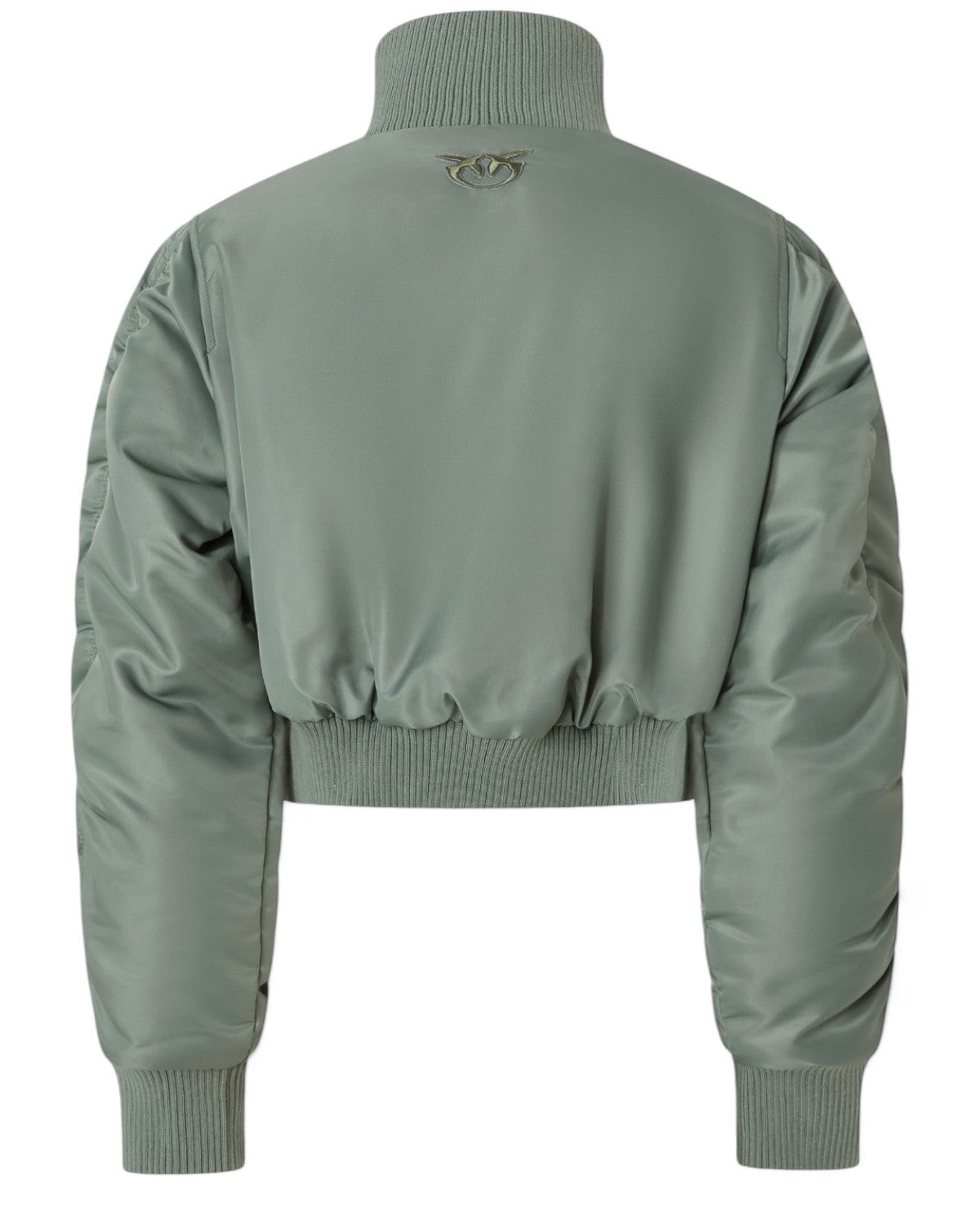 Retro del bomber corto PINKO in raso tecnico verde con patch ricamata Love Birds dorata sotto il colletto, design moderno e imbottito.
