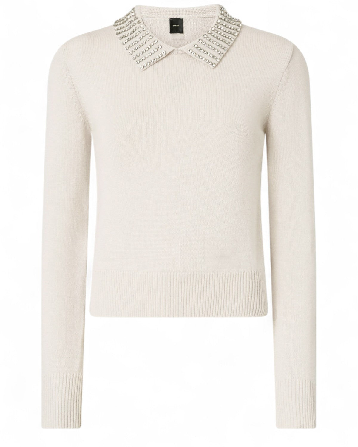 Maglia Polo Strass Pinko in maglia beige con colletto decorato da strass, stile elegante e femminile per la stagione invernale FW26.