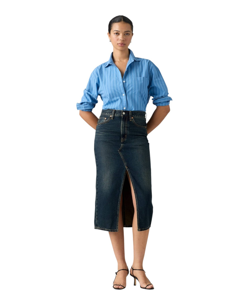 Jupe midi en denim avec fente frontale et design déstructuré