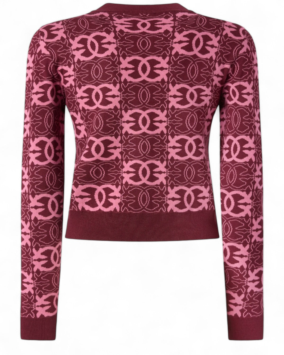 Retro della maglia cropped Pinko con logo Love Birds jacquard, design geometrico bicolore ideale per outfit donna FW26 alla moda.