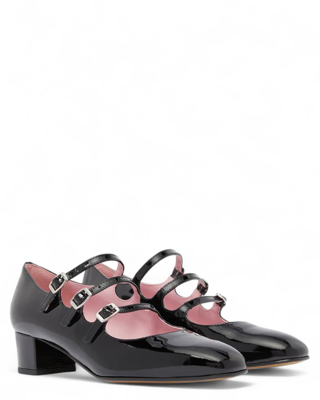 Carel Kina Mary Janes nere in vernice con triplo cinturino e tacco basso, perfette per look eleganti e femminili invernali.
