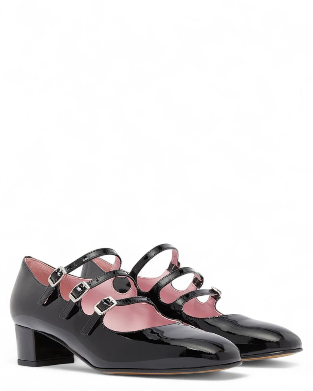 Carel Kina Mary Janes nere in vernice con triplo cinturino e tacco basso, perfette per look eleganti e femminili invernali.