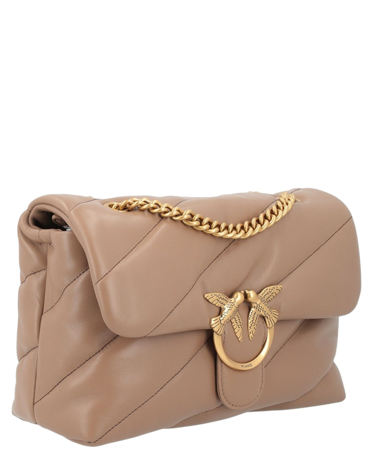 Borsa a spalla Love Bag Puff in pelle nappa beige con trapuntatura diagonale e tracolla a catena, ideale per la stagione invernale FW26.