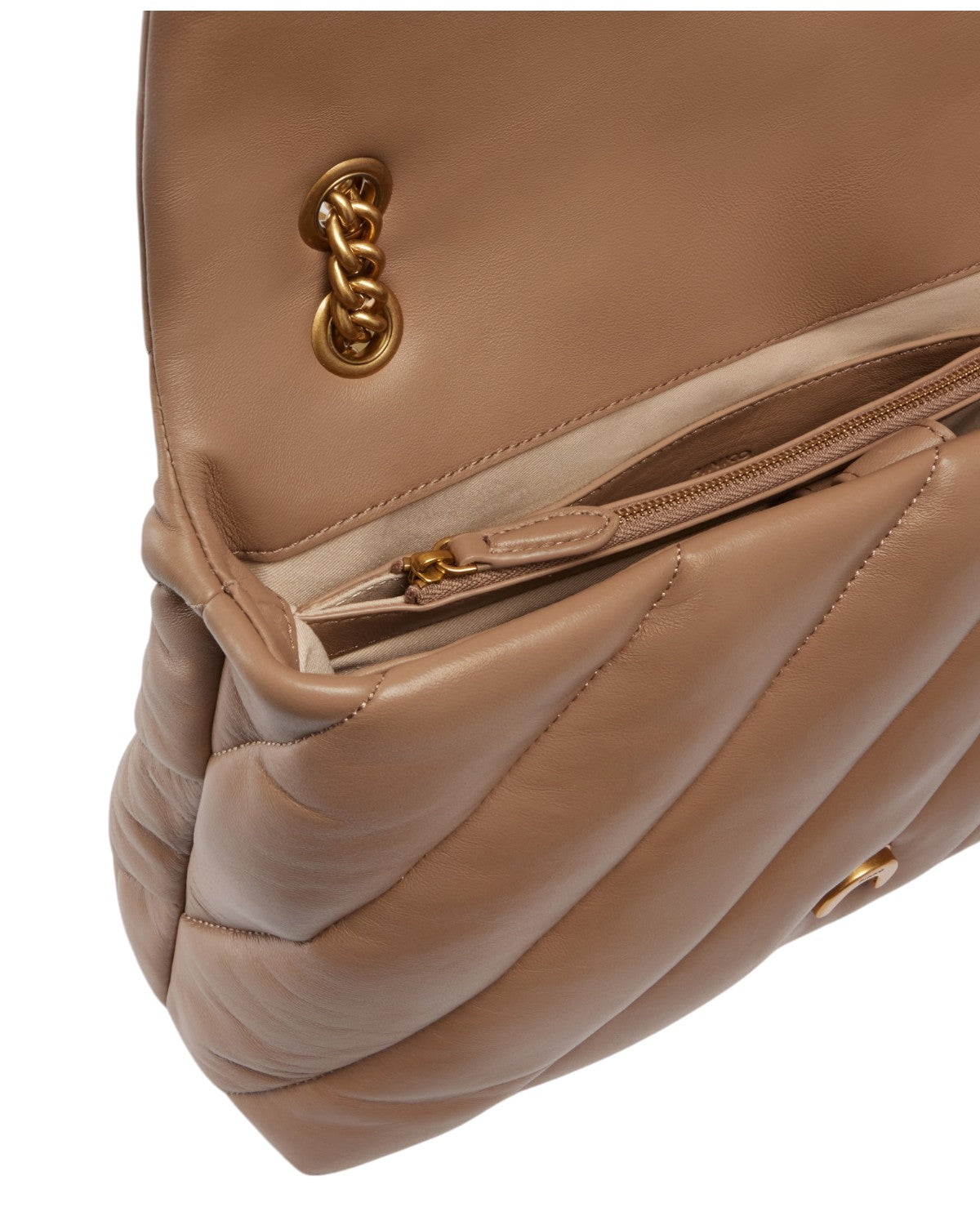 Interno della Big Love Bag Puff Maxi di Pinko con zip dorata e fodera chiara, ideale per borse a spalla eleganti e capienti da donna FW26.