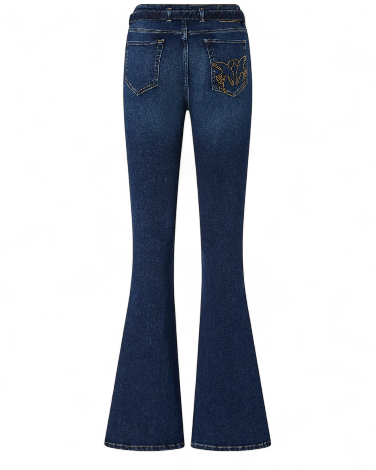 Retro dei Jeans Flared Pinko con ricamo Love Birds sulla tasca posteriore, stile elegante e dettagli curati per la stagione FW26.