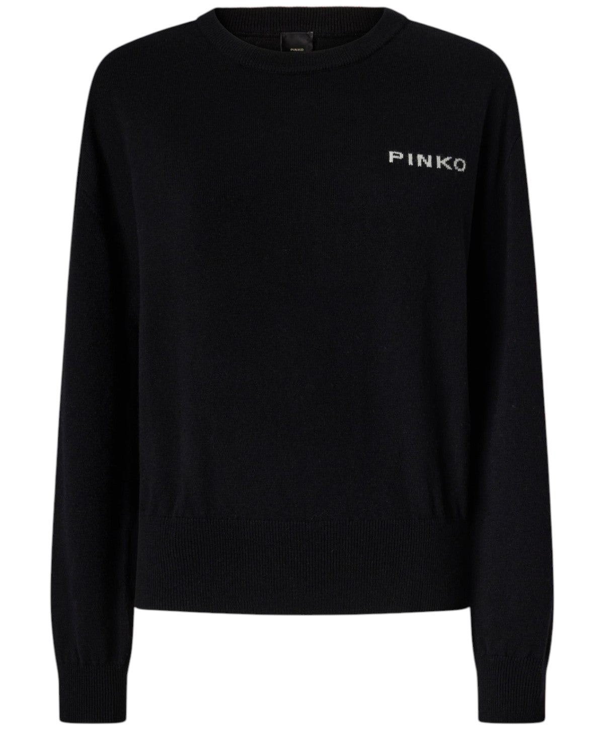 Maglione Pinko con lettering frontale PINKO, in misto lana e cashmere nero. Design minimal e caldo per outfit casual chic invernali.