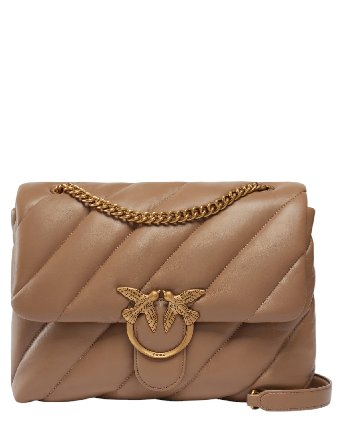 Borse Pinko Maxi Pelle - Big Love Bag Puff Maxi in pelle trapuntata beige con catena dorata e fibbia Love Birds iconica, perfetta per l'inverno.