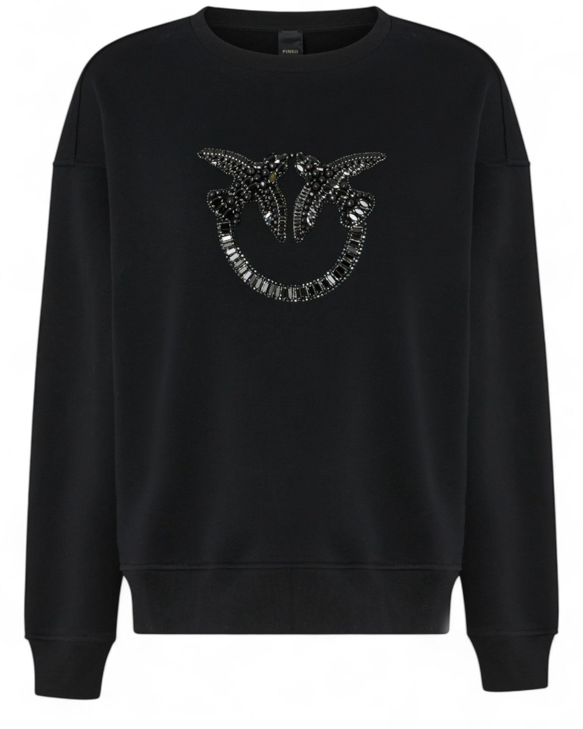 Felpa girocollo nera PINKO con ricamo gioiello Love Birds sul petto, in cotone, stile casual chic per donna FW26.
