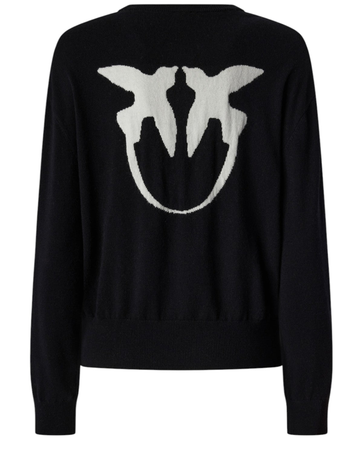 Retro del maglione Pinko con maxi logo Love Birds bianco su fondo nero. Maglieria donna in misto lana e cashmere, stile elegante e moderno.