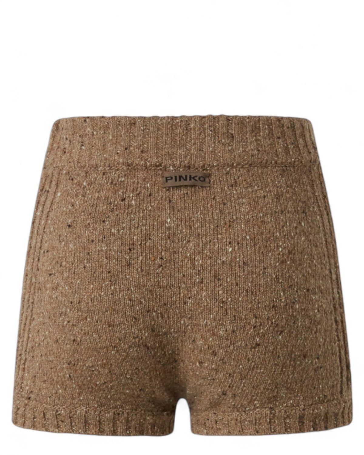 Retro dei shorts vita alta PINKO in maglia bouclè cammello con logo applicato e finitura a costine, ideali per look donna FW26.