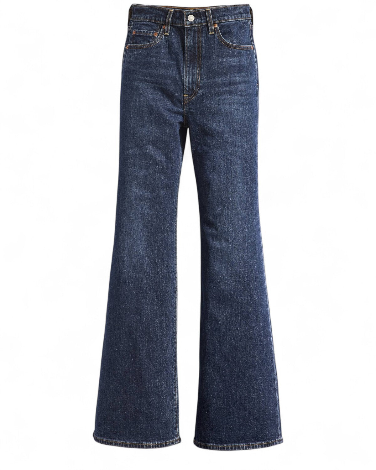 Jeans Ribcage Bell a Vita Alta Levi’s in denim blu scuro, modello a zampa con vita alta e taglio vintage, perfetti per look invernali da donna.