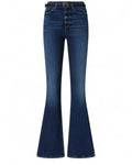 Jeans Flared Pinko con Cintura Love Birds in denim blu scuro, vestibilità aderente e fondo svasato, ideali per look femminili invernali.