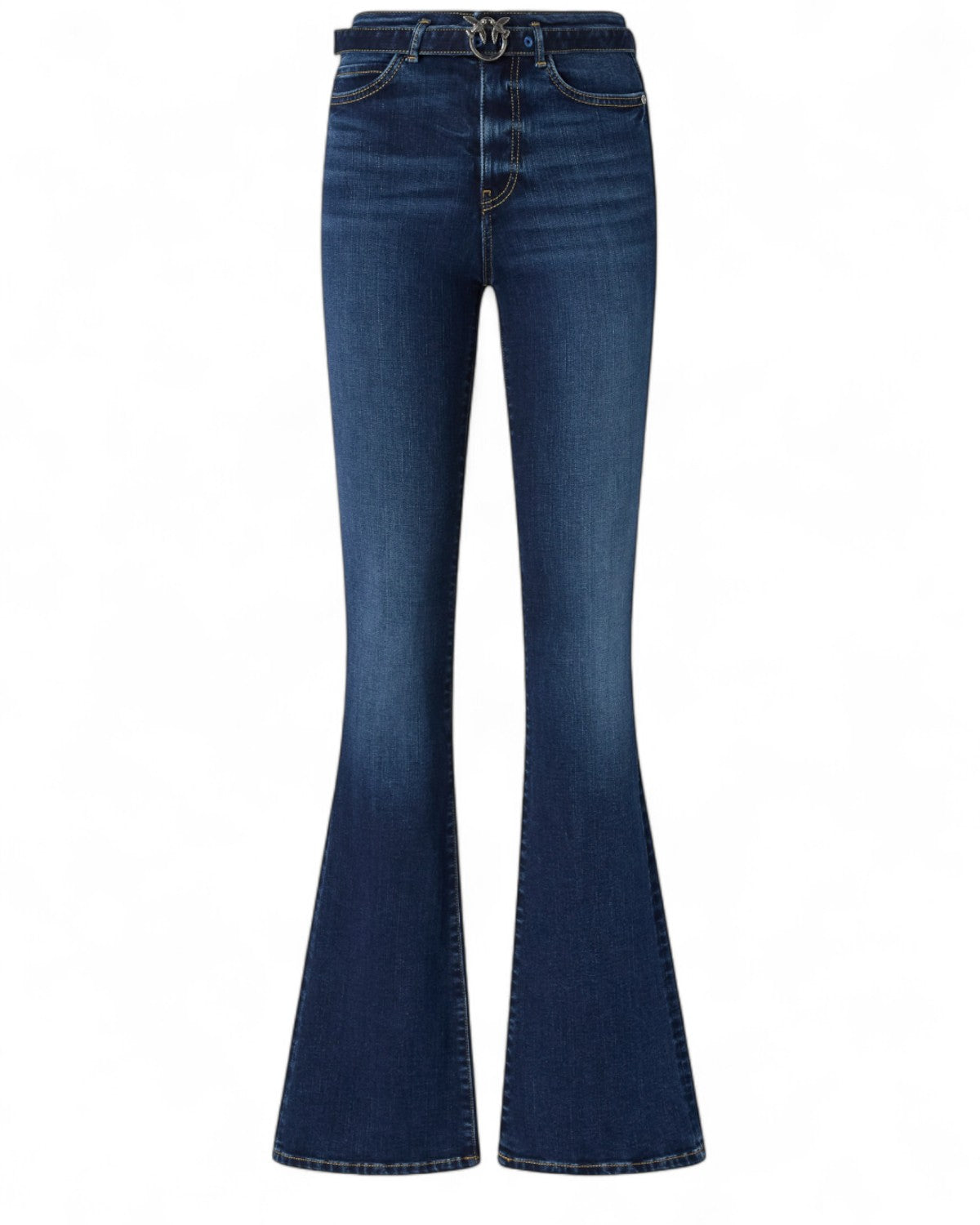 Jeans Flared Pinko con Cintura Love Birds in denim blu scuro, vestibilità aderente e fondo svasato, ideali per look femminili invernali.
