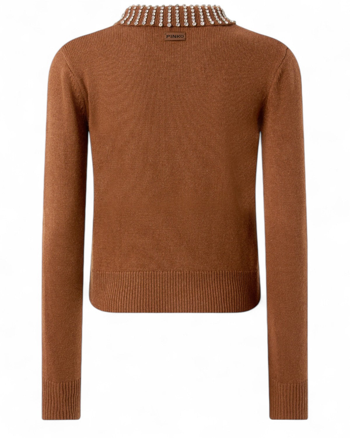 Retro della Maglia Polo con Strass PINKO, in maglia marrone con colletto gioiello, ideale per outfit chic e versatili.